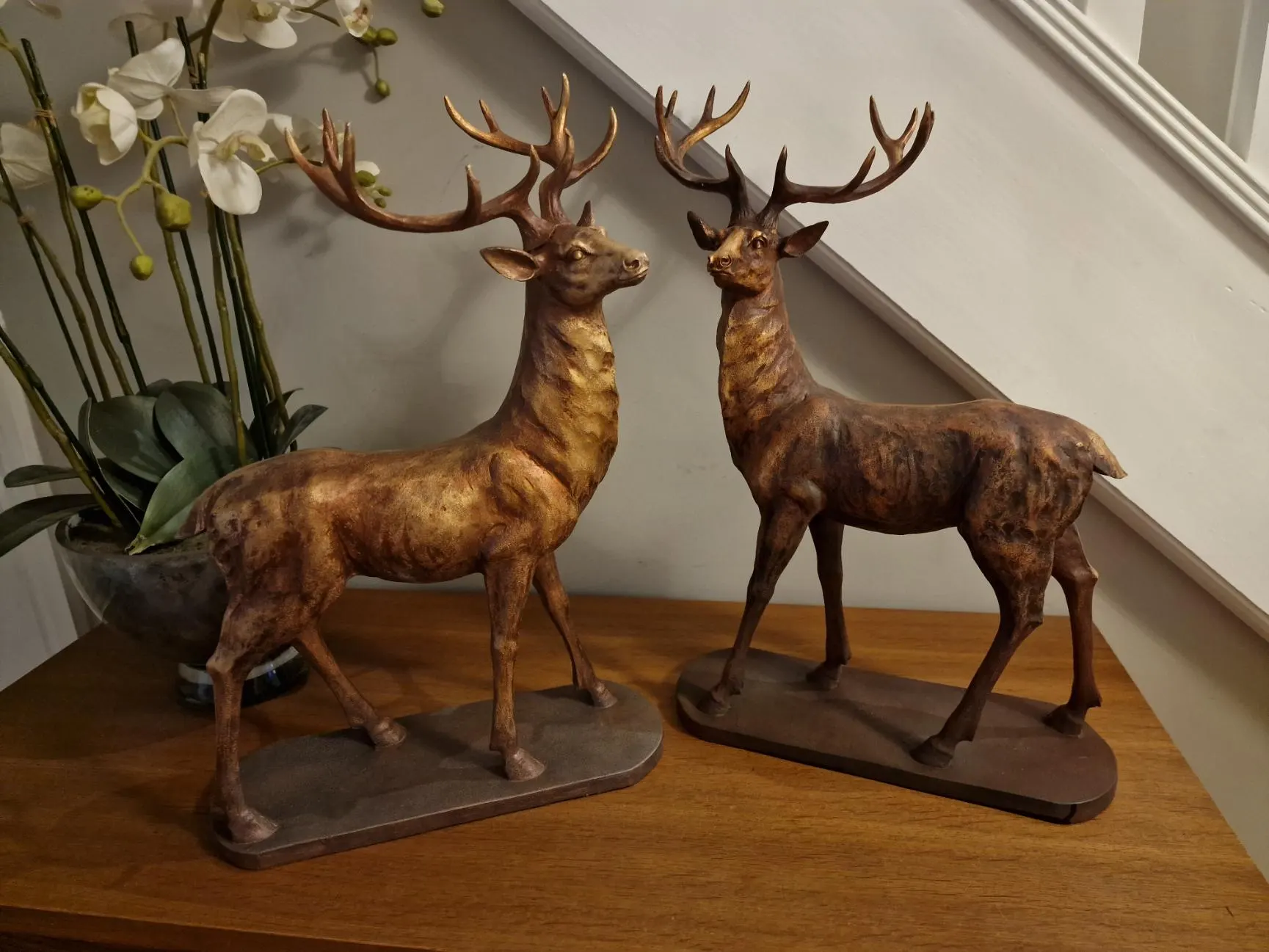 Pair of Bronze Coloured Stags Deer Ornament Figure Sculpture, Antique Bronze Resin