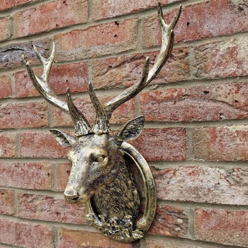 Wall Mounted Gold Stag Head Wall Plaque Decoration Deer Antler Animal Sculpture